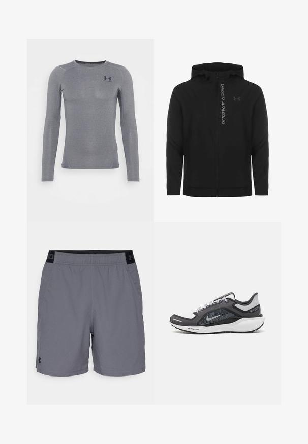 Black zip-up hooded jacket made of soft, lightweight material. Features reflective "UNDER ARMOUR" logo and a smooth texture.; Long-sleeve athletic top in dark gray, made of a smooth, stretchy fabric with subtle sheen and flatlock seams; features small logo on chest.; Gray athletic shorts made of lightweight fabric, featuring an elastic waistband with black accents and side pockets. Simple design with no patterns.; Black and gray athletic shoe with a mesh upper, reflective accents, and a white midsole. Features textured rubber outsole and laces.