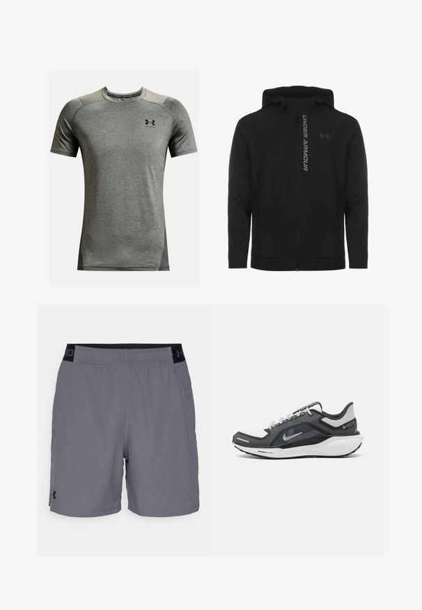Schwarze, leichte Kapuzenjacke mit Reißverschluss aus weichem Material. Ausgestattet mit reflektierendem "UNDER ARMOUR"-Logo und einer glatten Struktur.; Kurzarmpullover in Grau, aus strukturiertem Stoff. Mit Rundhalsausschnitt und kleinem schwarzen Logo auf der Brust. Seitenpaneele in dunklerem Grau.; Graue Sportshorts aus leichtem Material, mit einem elastischen Bund und schwarzen Akzenten sowie seitlichen Taschen. Einfaches Design ohne Muster.; Schwarzer und grauer Sportschuh mit einem Mesh-Obermaterial, reflektierenden Akzenten und einer weißen Zwischensohle. Verfügt über eine strukturierte Gummisohle und Schnürsenkel.