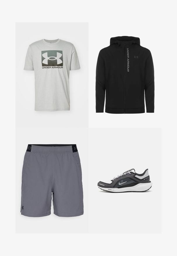 Black zip-up hooded jacket made of soft, lightweight material. Features reflective "UNDER ARMOUR" logo and a smooth texture.; Light gray cotton t-shirt featuring a large black and gray Under Armour logo on the front, round neckline, and short sleeves.; Gray athletic shorts made of lightweight fabric, featuring an elastic waistband with black accents and side pockets. Simple design with no patterns.; Black and gray athletic shoe with a mesh upper, reflective accents, and a white midsole. Features textured rubber outsole and laces.