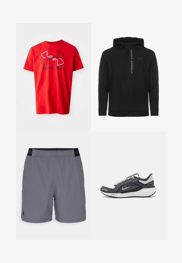 Must must erineva kapuutsiga jakk, mis on valmistatud pehmest ja kergest materjalist. Omab peegeldavat "UNDER ARMOUR" logo ja sujuvat tekstuuri.; Punane puuvillane T-särk lühikeste varrukatega, millel on rinnal suur mustvalge Under Armouri logo. Standardne ümmargune kaelus.; Hallide hallid sportlikud lühikesed püksid kerge materjaliga, millel on elastne vöökohus mustade aktsentidega ja küljetaskud. Lihtne disain ilma mustriteta.; Mustern ja hallide värvusega spordijalats, millel on võrgusilmast ülemine osa, peegeldavad aktsendid ja valge vaheosa. Omab tekstuuriga kummist välisosa ja kingapaelu.