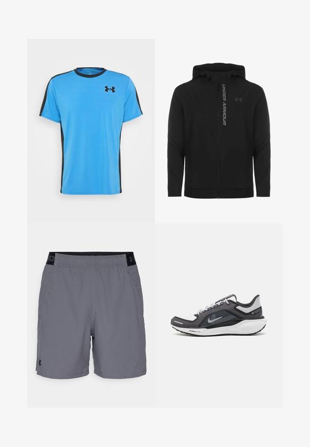 Must must erineva kapuutsiga jakk, mis on valmistatud pehmest ja kergest materjalist. Omab peegeldavat "UNDER ARMOUR" logo ja sujuvat tekstuuri.; Sinine spordisärk, mis on valmistatud siledast kangast, mustade külgaktsentidega ja ümmarguse kaelusega. Must logo vasakul ülal rinnal.; Hallide hallid sportlikud lühikesed püksid kerge materjaliga, millel on elastne vöökohus mustade aktsentidega ja küljetaskud. Lihtne disain ilma mustriteta.; Mustern ja hallide värvusega spordijalats, millel on võrgusilmast ülemine osa, peegeldavad aktsendid ja valge vaheosa. Omab tekstuuriga kummist välisosa ja kingapaelu.