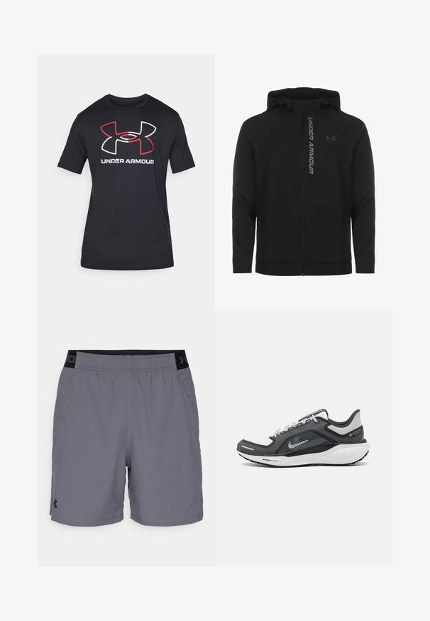 Čierna zipsová mikina s kapucňou vyrobená z jemného, ľahkého materiálu. Obsahuje reflexné logo "UNDER ARMOUR" a hladký povrch.; Čierne tričko s krátkym rukávom vyrobené z ľahkej tkaniny, ktoré na prednej strane obsahuje veľké červené a biele logo Under Armour.; Šedé športovéšortky vyrobené z ľahkého materiálu, s elastickým pásom s čiernymi akcentmi a bočnými vreckami. Jednoduchý dizajn bez vzorov.; Čierna a sivá športová obuv s vrchnou časťou z priedušného materiálu, reflexné akcenty a biely medzipodrážka. Obsahuje štruktúrovanú gumovú podrážku a šnúrky.