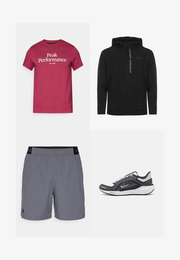 Čierna zipsová mikina s kapucňou vyrobená z jemného, ľahkého materiálu. Obsahuje reflexné logo "UNDER ARMOUR" a hladký povrch.; Bordová bavlnená tričko s bielym textom "Peak Performance" a "Est. 1986." Krátke rukávy a klasický okrúhly výstrih.; Šedé športovéšortky vyrobené z ľahkého materiálu, s elastickým pásom s čiernymi akcentmi a bočnými vreckami. Jednoduchý dizajn bez vzorov.; Čierna a sivá športová obuv s vrchnou časťou z priedušného materiálu, reflexné akcenty a biely medzipodrážka. Obsahuje štruktúrovanú gumovú podrážku a šnúrky.