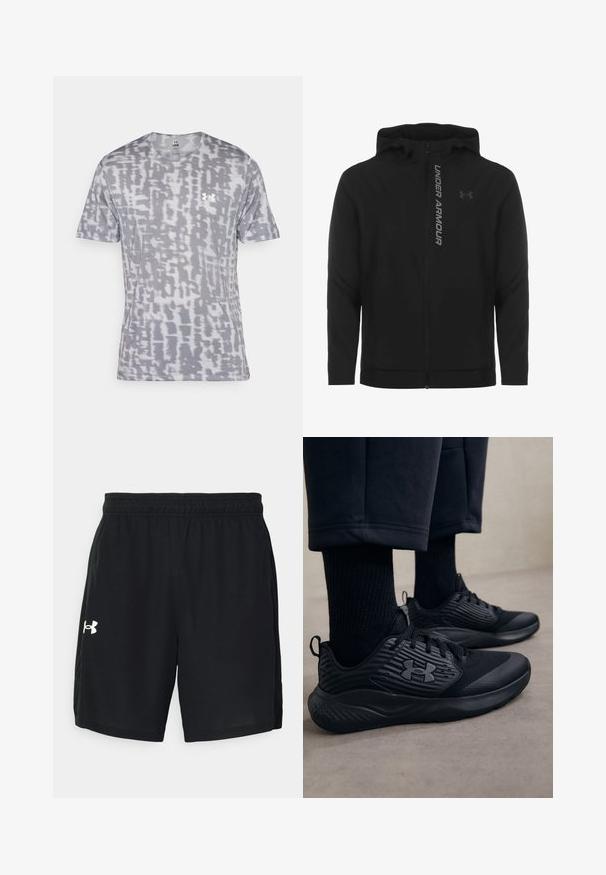Černá zipová mikina s kapucí vyrobená z měkkého, lehkého materiálu. Obsahuje odrazový logo "UNDER ARMOUR" a hladkou texturu.; Šedé tričko s krátkým rukávem a moderním vzorem různých odstínů, s kulatým výstřihem a malým bílým logem na levé části hrudi.; Černé sportovní šortky vyrobené z lehkého materiálu, s elastickým pasem a bílým logem na levé straně.; Osoba v černých sportovních teniskách s texturovanými stranami a logem, v kombinaci s černými ponožkami a zkrácenými kalhotami na světlé podlaze.