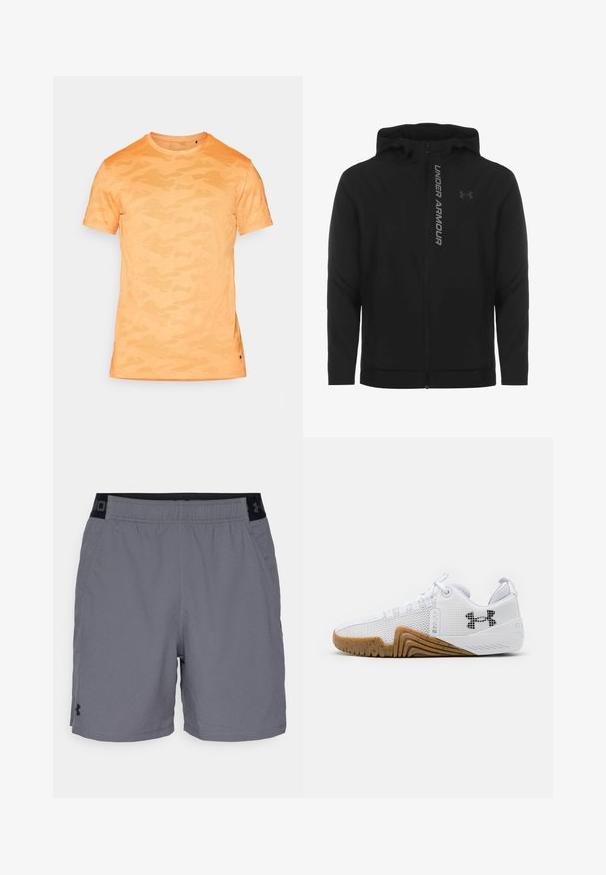 Melnā ar rāvējslēdzēju aizverama kapučjaka, kas izgatavota no mīksta, viegla materiāla. Tam ir atstarojošs "UNDER ARMOUR" logotips un gluda virsma.; Oranžā kamuflēšanas raksta īso piedurkņu krekls ar apaļu kakla izgriezumu un smalku teksturētu audumu. Sānu izgriezuma detaļa apakšmalā. Viegls dizains.; Pelēki sporta šorti, izgatavoti no viegla auduma, ar elastīgu jostasvietu un melnu akcentu, kā arī sānu kabatām. Vienkāršs dizains bez rakstiem.; Balti sporta apavi ar sietu augšdaļu, gumijas zoli ar gumijas krāsu, teksturētām akcentiem un melnu logo sānos.