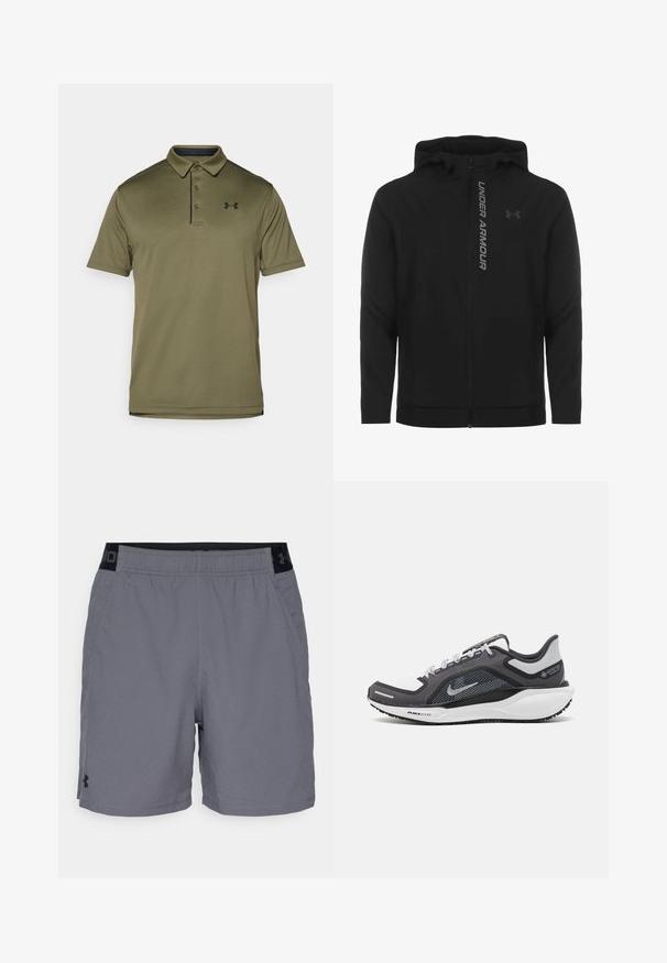 Must must erineva kapuutsiga jakk, mis on valmistatud pehmest ja kergest materjalist. Omab peegeldavat "UNDER ARMOUR" logo ja sujuvat tekstuuri.; Olive roheline polo särk tekstuurse kangaga, kolme nupuga neet ja tume mereväe aktsentidega. Ees on brodeeritud logo.; Hallide hallid sportlikud lühikesed püksid kerge materjaliga, millel on elastne vöökohus mustade aktsentidega ja küljetaskud. Lihtne disain ilma mustriteta.; Mustern ja hallide värvusega spordijalats, millel on võrgusilmast ülemine osa, peegeldavad aktsendid ja valge vaheosa. Omab tekstuuriga kummist välisosa ja kingapaelu.