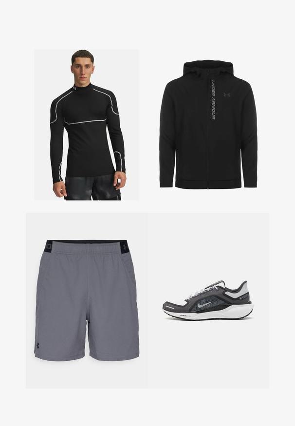 Čierna zipsová mikina s kapucňou vyrobená z jemného, ľahkého materiálu. Obsahuje reflexné logo "UNDER ARMOUR" a hladký povrch.; Dlhý rukáv, čierny športový top vyrobený z elastického materiálu. Obsahuje šedé šitie pozdĺž švov a vysoký golier.; Šedé športovéšortky vyrobené z ľahkého materiálu, s elastickým pásom s čiernymi akcentmi a bočnými vreckami. Jednoduchý dizajn bez vzorov.; Čierna a sivá športová obuv s vrchnou časťou z priedušného materiálu, reflexné akcenty a biely medzipodrážka. Obsahuje štruktúrovanú gumovú podrážku a šnúrky.