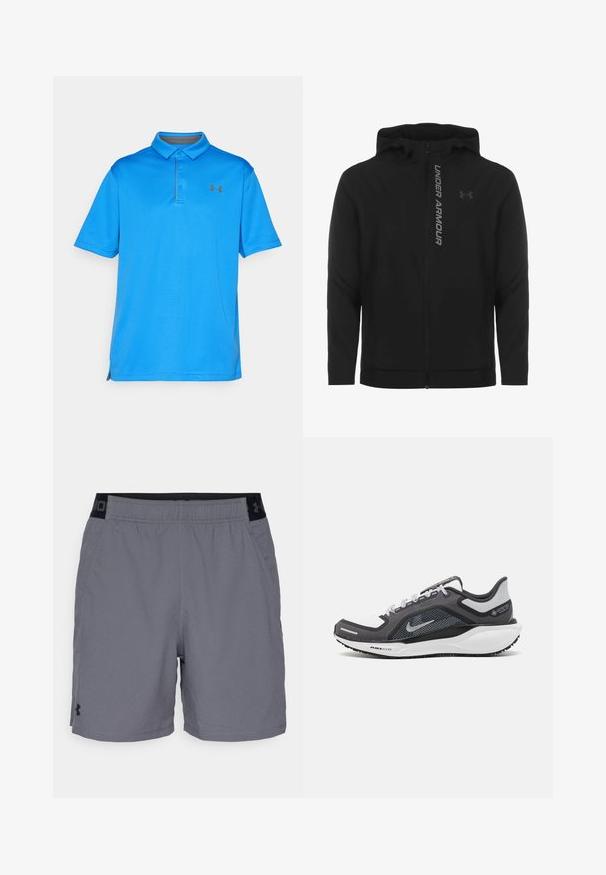 Must must erineva kapuutsiga jakk, mis on valmistatud pehmest ja kergest materjalist. Omab peegeldavat "UNDER ARMOUR" logo ja sujuvat tekstuuri.; Sinine polo-särk, mis on valmistatud tekstuurilisest kangast, millel on krae, lühikesed varrukad ja diskreetne logo rinna piirkonnas. Küljel on lõhikud, et hõlbustada liikumist.; Hallide hallid sportlikud lühikesed püksid kerge materjaliga, millel on elastne vöökohus mustade aktsentidega ja küljetaskud. Lihtne disain ilma mustriteta.; Mustern ja hallide värvusega spordijalats, millel on võrgusilmast ülemine osa, peegeldavad aktsendid ja valge vaheosa. Omab tekstuuriga kummist välisosa ja kingapaelu.