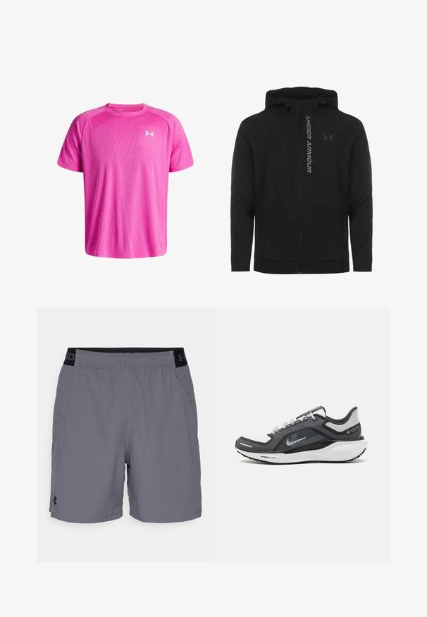Czarna kurtka z kapturem zapinana na zamek, wykonana z miękkiego, lekkiego materiału. Posiada odblaskowe logo "UNDER ARMOUR" i gładką fakturę.; Koszulka sportowa z krótkim rękawem w intensywnym różowym kolorze, wykonana z materiału odprowadzającego wilgoć, z teksturowanym wzorem, z białym logo na piersi.; Szare spodenki sportowe z lekkiego materiału, z elastycznym pasem w czarnych akcentach i bocznymi kieszeniami. Prosty design bez wzorów.; Czarne i szare buty sportowe z siateczkową cholewką, odblaskowymi akcentami i białą podeszwą środkową. Posiadają teksturowaną gumową podeszwę i sznurowadła.