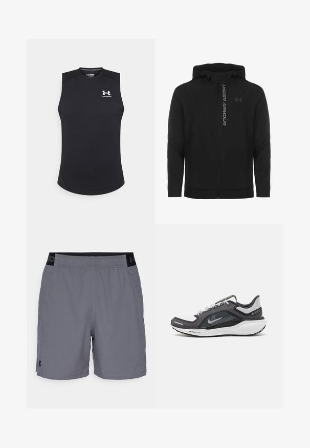 Črna zip-up kapuca izdelana iz mehkega, lahkotnega materiala. Ima odsevni logo "UNDER ARMOUR" in gladko teksturo.; Črna brezrokava športna majica, izdelana iz gladkega in elastičnega materiala. Ima okroglo ovratnico in majhen bel logotip na prsih.; Sive kratke športne hlače iz lahkega blaga, z elastičnim pasom z črnimi akcenti in stranskimi žepi. Preprost oblikovanje brez vzorcev.; Črne in sive atletske čevlje z mrežasto zgornjim delom, odsevnimi detajli in belim srednjim podplatom. Imajo strukturiran gumijast podplat in vezalke.