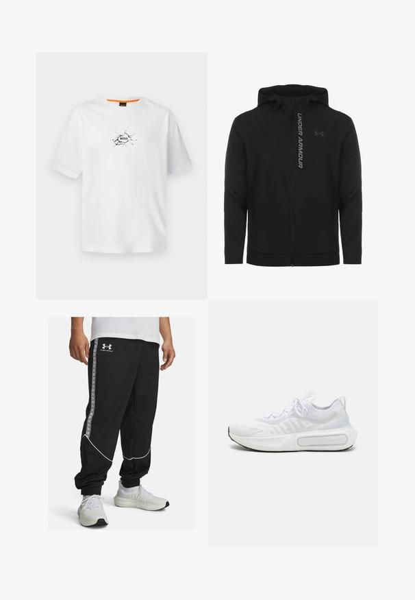 Juodas zip-up gobtuvu džemperis, pagamintas iš minkštos, lengvos medžiagos. Yra atspindintis "UNDER ARMOUR" logotipas ir glotni tekstūra.; Balta medvilninė marškinėliai su apvalia iškirpte, su juodu įtrūkusių linijų dizainu ir žodžiu "BOSS" centre. Trumpomis rankovėmis.; Juodos treningų kelnės, pagamintos iš lygaus audinio, su baltais kraštais ir šoninėmis juostelėmis, ant kurių yra logotipas. Prie kūno priglundantys, su elastinėmis galo manžetėmis.; Baltas sportinis batelis su tekstūruota trikotažo viršutine dalimi, su raišteliais, paminkštintu padu ir išskirtiniu ženklas šone.