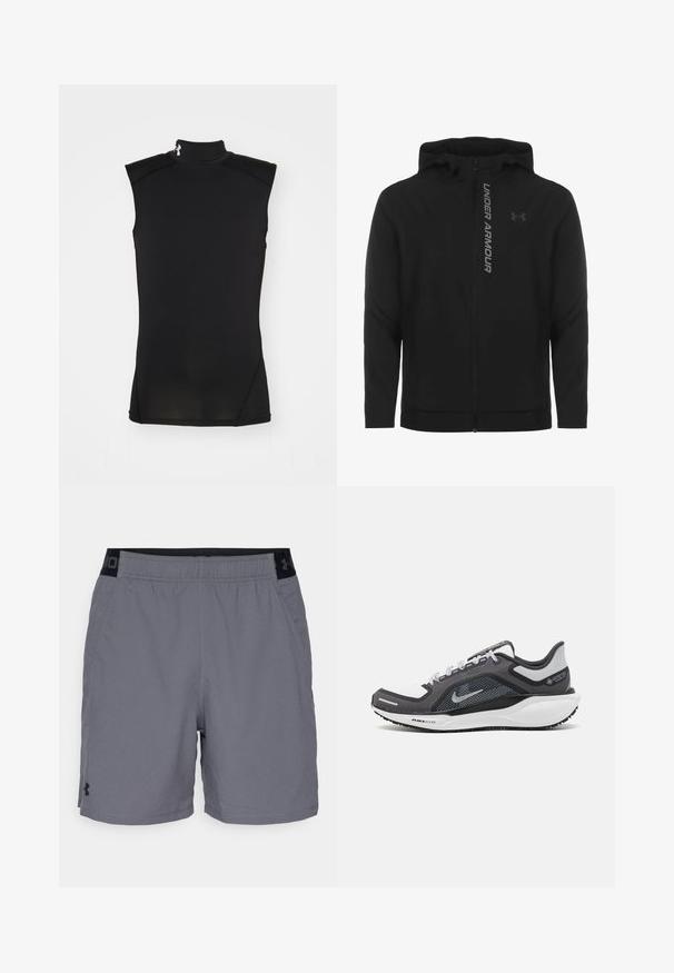 Czarna kurtka z kapturem zapinana na zamek, wykonana z miękkiego, lekkiego materiału. Posiada odblaskowe logo "UNDER ARMOUR" i gładką fakturę.; Czarny bezrękawnik z wysokim kołnierzem, wykonany z gładkiego, elastycznego materiału. Posiada płaskie szwy i subtelny akcent logo przy kołnierzu.; Szare spodenki sportowe z lekkiego materiału, z elastycznym pasem w czarnych akcentach i bocznymi kieszeniami. Prosty design bez wzorów.; Czarne i szare buty sportowe z siateczkową cholewką, odblaskowymi akcentami i białą podeszwą środkową. Posiadają teksturowaną gumową podeszwę i sznurowadła.