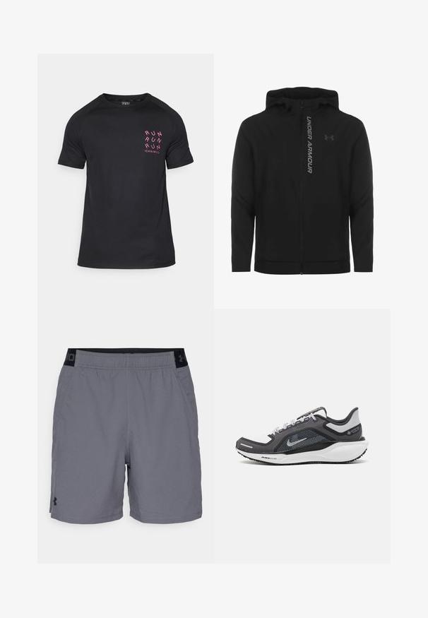 Černá zipová mikina s kapucí vyrobená z měkkého, lehkého materiálu. Obsahuje odrazový logo "UNDER ARMOUR" a hladkou texturu.; Černé sportovní tričko s krátkým rukávem, kulatým výstřihem a růžovým nápisem "RUN RUN RUN" na levé části hrudi. Hladká, lehká tkanina.; Šedé sportovní šortky vyrobené z lehkého materiálu, s elastickým pasem a černými akcenty a bočními kapsami. Jednoduchý design bez vzorů.; Černá a šedá sportovní obuv s vrškem z prodyšné síťoviny, reflexními akcenty a bílou mezipodešví. Obsahuje texturovanou gumovou podrážku a tkaničky.