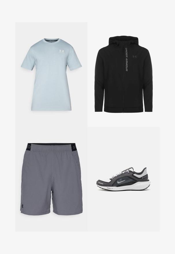 Juodas zip-up gobtuvu džemperis, pagamintas iš minkštos, lengvos medžiagos. Yra atspindintis "UNDER ARMOUR" logotipas ir glotni tekstūra.; Šviesiai mėlyna medvilninė marškinėliai su trumpomis rankovėmis, apvaliu kaklu ir balta "Under Armour" logotipu ant krūtinės. Lygi tekstūra, laisvas pjūvis.; Pilki sportiniai šortai pagaminti iš lengvo audinio, su elastine juosta juodais akcentais ir šoninėmis kišenėmis. Paprastas dizainas be raštų.; Juodas ir pilkas sportinis batelis su tinkleliu viršuje, atspindinčiais akcentais ir balta vidurinė dalimi. Yra tekstūruota guminė išorinė pada ir raišteliai.