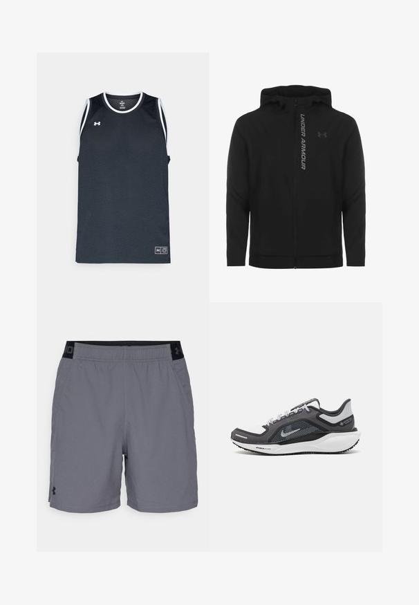 Juodas zip-up gobtuvu džemperis, pagamintas iš minkštos, lengvos medžiagos. Yra atspindintis "UNDER ARMOUR" logotipas ir glotni tekstūra.; Juodas tinklinis sportinis marškinėliai be rankovių su baltais akcentais, apvaliu kaklu. Apatinėje kairėje pusėje yra logotipo pleistras.; Pilki sportiniai šortai pagaminti iš lengvo audinio, su elastine juosta juodais akcentais ir šoninėmis kišenėmis. Paprastas dizainas be raštų.; Juodas ir pilkas sportinis batelis su tinkleliu viršuje, atspindinčiais akcentais ir balta vidurinė dalimi. Yra tekstūruota guminė išorinė pada ir raišteliai.