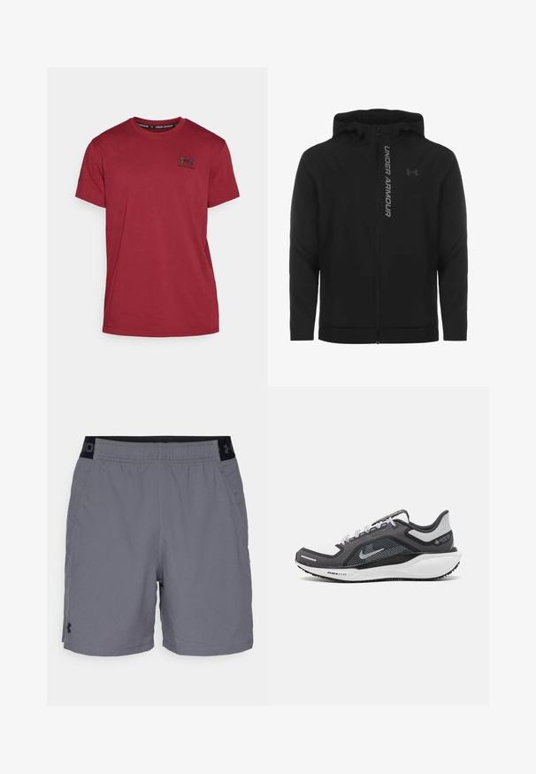 Juodas zip-up gobtuvu džemperis, pagamintas iš minkštos, lengvos medžiagos. Yra atspindintis "UNDER ARMOUR" logotipas ir glotni tekstūra.; Under Armour LOGO HEAVYWEIGHT - Paprasti marškinėliai - cardinal/black; Pilki sportiniai šortai pagaminti iš lengvo audinio, su elastine juosta juodais akcentais ir šoninėmis kišenėmis. Paprastas dizainas be raštų.; Juodas ir pilkas sportinis batelis su tinkleliu viršuje, atspindinčiais akcentais ir balta vidurinė dalimi. Yra tekstūruota guminė išorinė pada ir raišteliai.