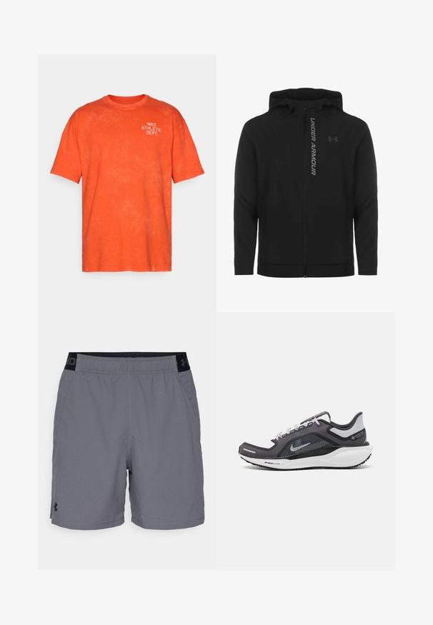 Juodas zip-up gobtuvu džemperis, pagamintas iš minkštos, lengvos medžiagos. Yra atspindintis "UNDER ARMOUR" logotipas ir glotni tekstūra.; Oranžinė medvilnės marškinėliai su laisvu kirpimu, ant viršutinio kairiojo šono turintys baltą „NIKE ATHLETIC DEPT.“ spaudą. Minkšta tekstūra.; Pilki sportiniai šortai pagaminti iš lengvo audinio, su elastine juosta juodais akcentais ir šoninėmis kišenėmis. Paprastas dizainas be raštų.; Juodas ir pilkas sportinis batelis su tinkleliu viršuje, atspindinčiais akcentais ir balta vidurinė dalimi. Yra tekstūruota guminė išorinė pada ir raišteliai.