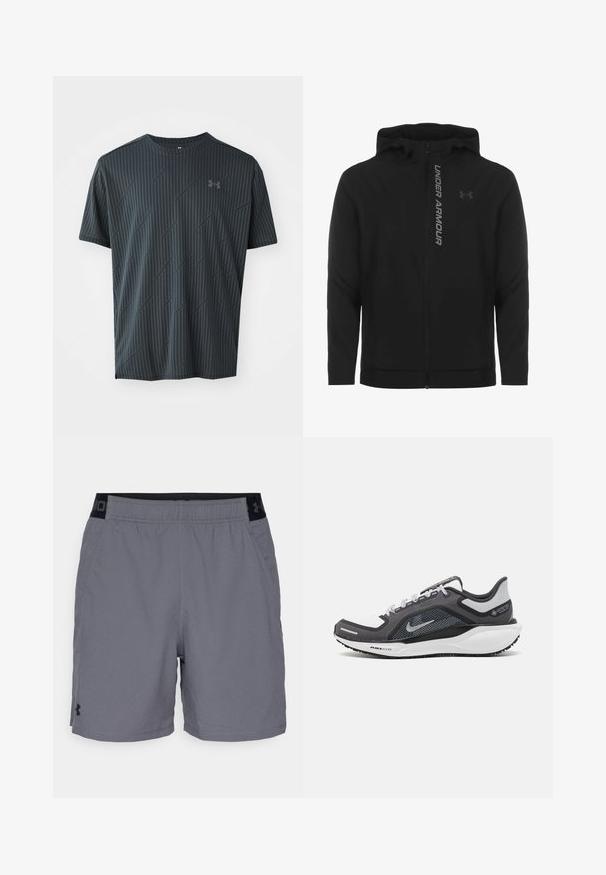 Czarna kurtka z kapturem zapinana na zamek, wykonana z miękkiego, lekkiego materiału. Posiada odblaskowe logo "UNDER ARMOUR" i gładką fakturę.; Czarny krótki rękaw sportowy T-shirt z teksturowanym diagonalnym wzorem i okrągłym dekoltem. Posiada małe logo z przodu.; Szare spodenki sportowe z lekkiego materiału, z elastycznym pasem w czarnych akcentach i bocznymi kieszeniami. Prosty design bez wzorów.; Czarne i szare buty sportowe z siateczkową cholewką, odblaskowymi akcentami i białą podeszwą środkową. Posiadają teksturowaną gumową podeszwę i sznurowadła.