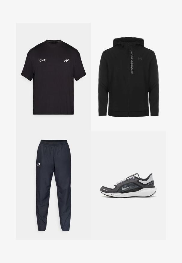 Musta vetoketjulla varustettu huppari, joka on valmistettu pehmeästä ja kevyestä materiaalista. Varustettu heijastavalla "UNDER ARMOUR" -logolla ja sileällä pinnalla.; Lyhythihainen musta t-paita, joka on valmistettu puuvillasta. Edessä valkoista tekstiä "CNZ" ja tyylitelty logo. Yksinkertainen pyöreä kaula-aukko.; Mustat urheiluhousut, joissa on joustava vyötärö, kapeat lahkeet ja valkoinen logo sivussa. Valmistettu kevyestä, kestävästä kankaasta.; Musta ja harmaa urheilukenka, jossa on verkkopäällinen, heijastavat yksityiskohdat ja valkoinen välipohja. Varustettu kuvioidulla kumipohjalla ja nauhoilla.