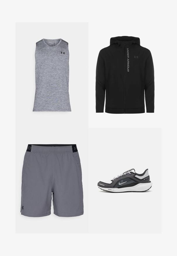 Must must erineva kapuutsiga jakk, mis on valmistatud pehmest ja kergest materjalist. Omab peegeldavat "UNDER ARMOUR" logo ja sujuvat tekstuuri.; Halli varrukateta sportlik särk, mis on valmistatud tekstuurilisest, niiskust imavast kangast. Omab ümmargust kaelust ja musta logo vasakul ülaserval.; Hallide hallid sportlikud lühikesed püksid kerge materjaliga, millel on elastne vöökohus mustade aktsentidega ja küljetaskud. Lihtne disain ilma mustriteta.; Mustern ja hallide värvusega spordijalats, millel on võrgusilmast ülemine osa, peegeldavad aktsendid ja valge vaheosa. Omab tekstuuriga kummist välisosa ja kingapaelu.