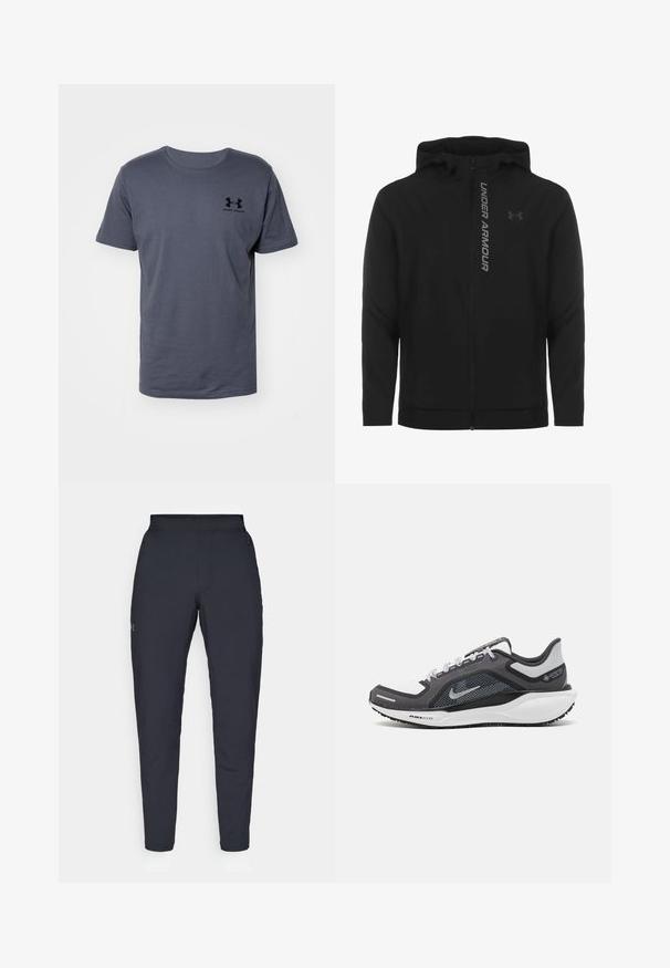 Giacca a zip nera con cappuccio realizzata in materiale morbido e leggero. Presenta il logo riflettente "UNDER ARMOUR" e una texture liscia.; T-shirt grigio a maniche corte realizzato in cotone. Presenta un collo a giro e un piccolo logo nero "Under Armour" sul lato sinistro del petto. Texture liscia.; Pantaloni sportivi neri con una texture liscia, vestibilità slim, vita elastica e tasche laterali. Presentano un piccolo logo sulla coscia sinistra.; Scarpa da ginnastica nera e grigia con tomaia in rete, dettagli riflettenti e intersuola bianca. Presenta una suola in gomma testurizzata e lacci.