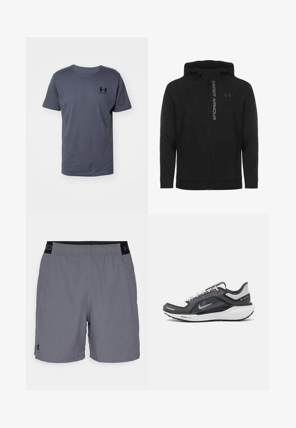 Melnā ar rāvējslēdzēju aizverama kapučjaka, kas izgatavota no mīksta, viegla materiāla. Tam ir atstarojošs "UNDER ARMOUR" logotips un gluda virsma.; Īsām piedurknēm pelēks T-krekls, kas izgatavots no kokvilnas. Ar apaļu kakla izgriezumu un mazu melnu "Under Armour" logotipu kreisajā krūtī. Gluda tekstūra.; Pelēki sporta šorti, izgatavoti no viegla auduma, ar elastīgu jostasvietu un melnu akcentu, kā arī sānu kabatām. Vienkāršs dizains bez rakstiem.; Melnas un pelēkas sporta kurpes ar tīklu augšdaļu, atstarojošiem akcentiem un baltu starpzoli. Aprīkotas ar teksturētu gumijas zoli un šņorēm.