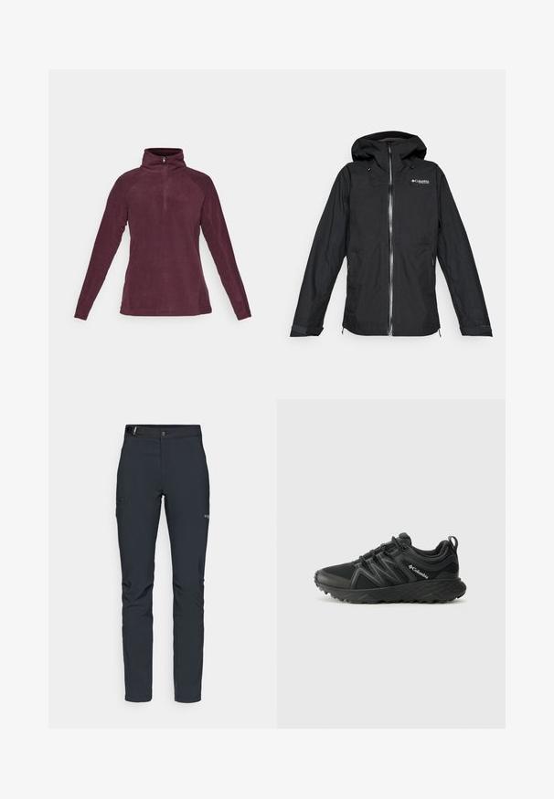 Musta Columbia Titanium -hupparillinen vedenpitävä takki etuvetoketjulla ja säädettävillä hihansuilla, löysä istuvuus, eristetty valkoista taustaa vasten.; Columbia GLACIAL™ 1/2 ZIP - Fleecepaita - moonvista; Miestne vonkajšie nohavice, tmavo šedé, vyrobené z flexibilného materiálu, s opaskom, zipsovými vreckami a zosilneným šitím.; Columbia PEAKFREAK - Vaelluskengät - black