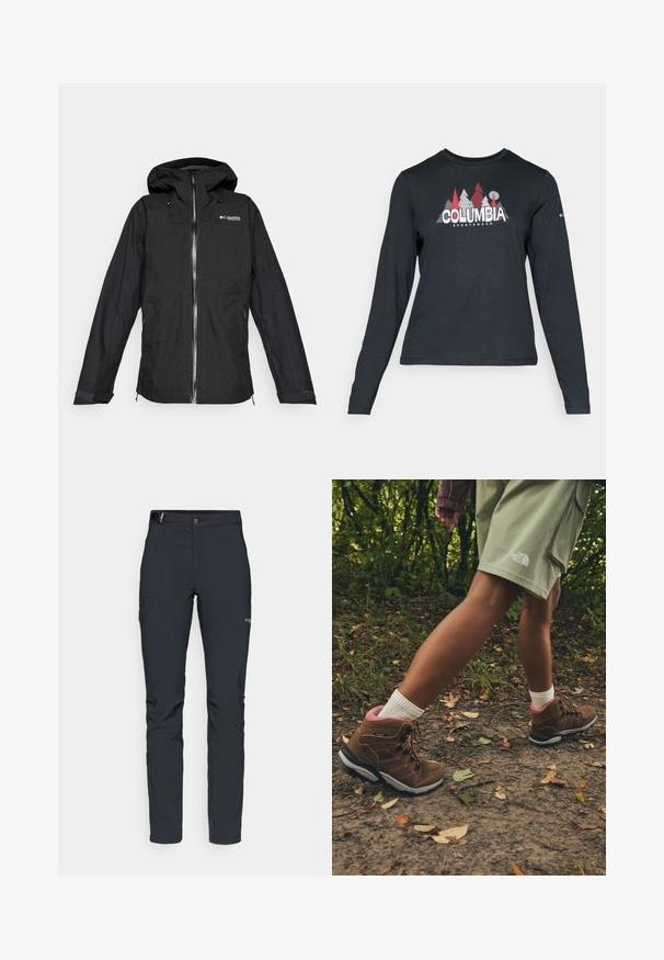 Juodas Columbia Titanium lietpaltis su gobtuvu, atsparus vandeniui, su priekine užtrauktuko uždarymo sistema ir reguliuojamais rankogaliais, laisvas fitas, izoliuotas ant balto fono.; Ilga rankovė tamsiai pilka marškinėliai su raudonų medžių ir kalnų grafika; drąsaus baltos spalvos teksto "COLUMBIA" logotipas. Minkšta medžiaga, standartinis apvalus kaklas.; Vyrų lauko kelnės, tamsiai pilkos, pagamintos iš elastingos medžiagos, su diržu, užtrauktukais užtraukiamomis kišenėmis ir sustiprinta siūle.; Jack Wolfskin REFUGIO PRIME TEXAPORE MID W - Turistiniai batai - fawn