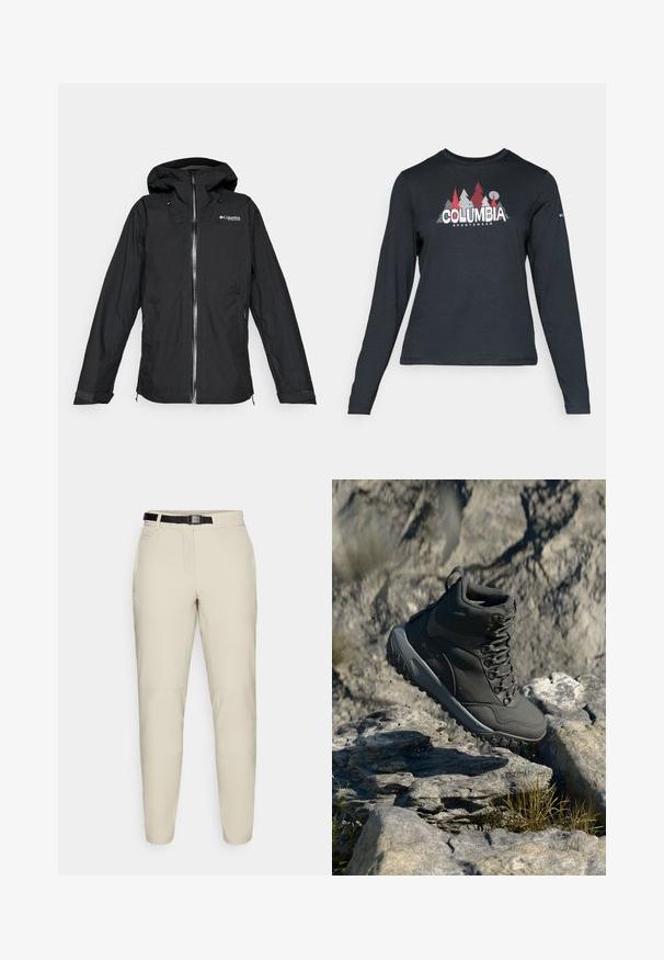 Black Columbia Titanium hooded waterproof jacket with front zipper and adjustable cuffs, loose fit, isolated on a white background.; Long-sleeve dark gray shirt with a graphic of red trees and mountains; "COLUMBIA" logo in bold white text. Soft fabric, standard crew neck.; Beige trousers with a tapered fit, made of a smooth fabric, featuring a black adjustable waistband and side pockets.; Dark gray hiking boot made of synthetic material, featuring a padded collar, metal eyelets, and textured rubber sole for traction.