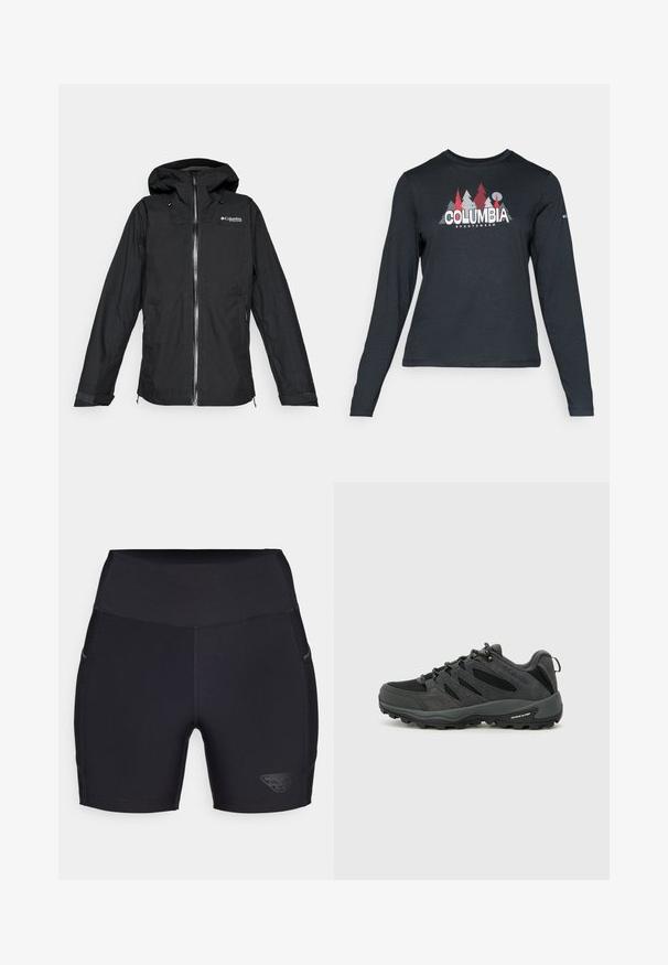 Svart Columbia Titanium hettevanntett jakke med frontglidelås og justerbare mansjetter, løs passform, isolert på hvit bakgrunn.; Langermet mørkegrå skjorte med grafikk av røde trær og fjell; "COLUMBIA" logo i fet hvit tekst. Mykt stoff, standard rund hals.; Sorte treningsshorts med høy midje, laget av elastisk stoff. Egenskaper inkluderer logo på siden og diskrete sidelommer.; Columbia REDMOND - Fjellsko - black/citron haze