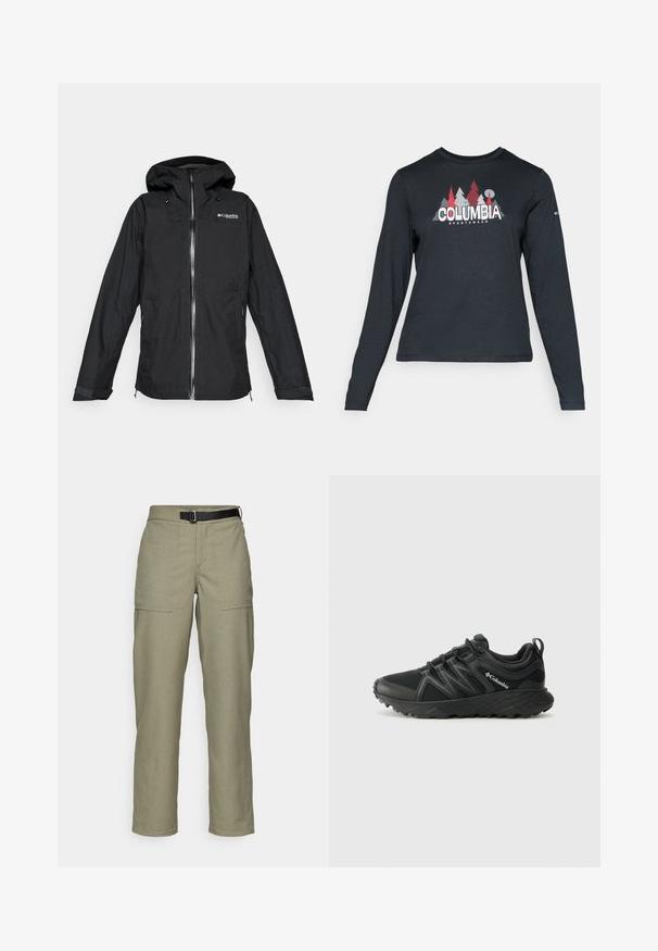 Musta Columbia Titanium kapuutsiga veekindel jope, millel on eesnepres, reguleeritavad mansetid ja lõdvestatud lõige, isoleeritud valgel taustal.; Pikend varrukatega tumehall särk, millel on punaste puude ja mägede graafika; "COLUMBIA" logo julge valge tekstiga. Pehme kangas, tavaline ümmargune kaelus.; Khaki püksid tekstureeritud kangast, sirge jala disainiga, kahe ees oleva taskuga ja musta vöödiga vööril.; Columbia PEAKFREAK - Matkajalatsid - black