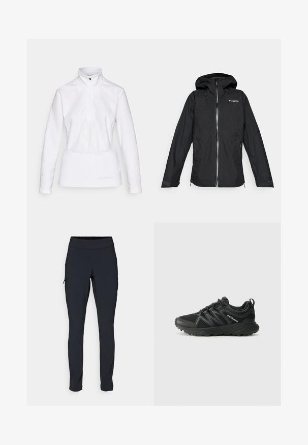 Schwarze Columbia Titanium kapuzen Wasserfestjacke mit vorderem Reißverschluss und verstellbaren Manschetten, lockere Passform, isoliert auf einem weißen Hintergrund.; Weißes Langarmoberteil mit einem halben Reißverschlusskragen, das ein subtil strukturiertes Wellenmuster und Textilstruktur aufweist, entworfen für aktive Bekleidung.; Schwarze Sporthose im Slim-Fit, mit elastischem Bund und einer seitlichen Gesäßtasche mit Reißverschluss. Glattes, dehnbares Material mit minimalen Nähten.; Columbia PEAKFREAK - Hikingschuh - black