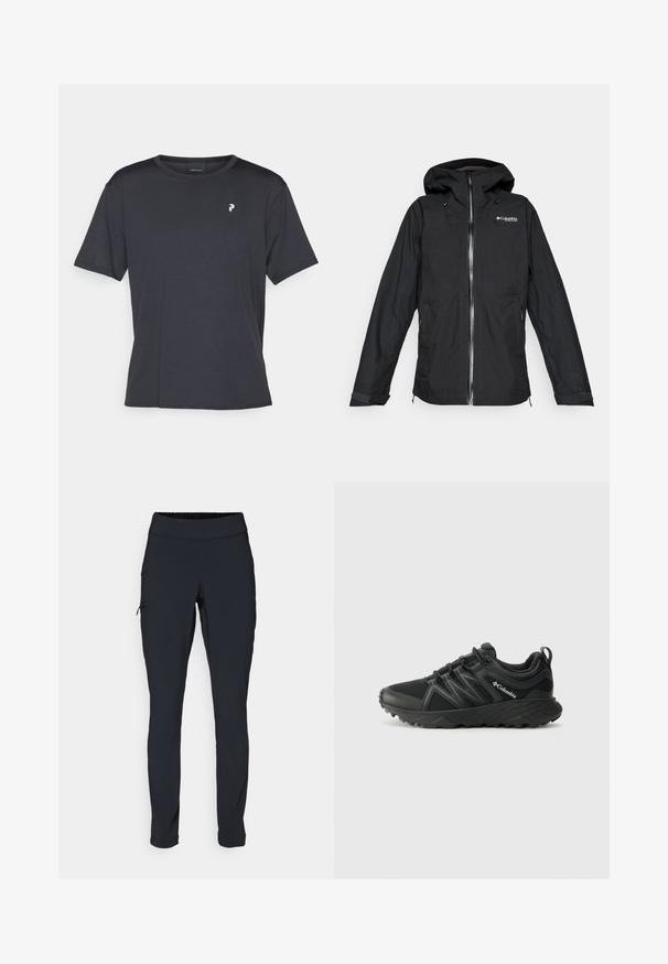 Black Columbia Titanium hooded waterproof jacket with front zipper and adjustable cuffs, loose fit, isolated on a white background.; Black short-sleeve t-shirt made of smooth fabric. Features a round neckline and a small logo in white on the left chest area.; Black athletic pants with a slim fit, elastic waistband, and a side pocket featuring a zipper. Smooth, stretchy fabric with minimal seams.; Columbia PEAKFREAK - Hiking shoes - black