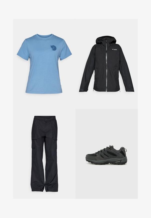Musta Columbia Titanium -hupparillinen vedenpitävä takki etuvetoketjulla ja säädettävillä hihansuilla, löysä istuvuus, eristetty valkoista taustaa vasten.; Sininen puuvillapaita lyhyillä hihoilla, pyöreällä kaula-aukolla, jossa on tummansinisessä värissä tyylitelty kissalogopaino vasemmassa rinnassa. Klassinen malli.; Columbia BREA FALLS™ COTTON RIPSTOP PANT - Ulkohousut - black; Columbia REDMOND - Vaelluskengät - black/citron haze