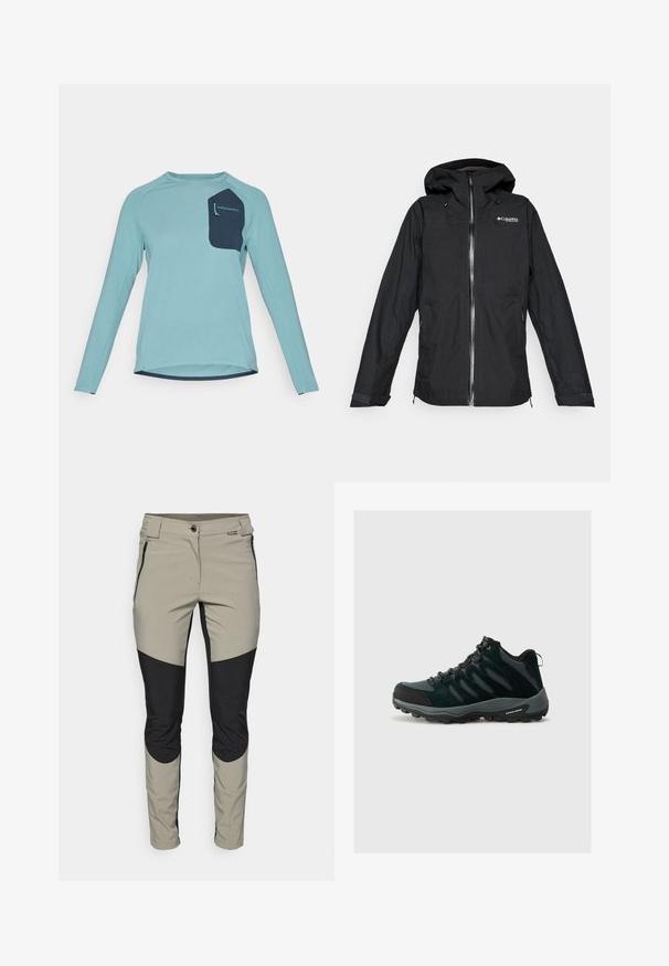 Musta Columbia Titanium kapuutsiga veekindel jope, millel on eesnepres, reguleeritavad mansetid ja lõdvestatud lõige, isoleeritud valgel taustal.; Heledaka särk helesinisest tekstuuriga kangast. Omab tumesinist taskut brändingu detailidega. Ümar kaelus ja kõverdatud hem.; Kergekaalulised, hingavad püksid beeži ja musta värviga, millel on sobiv disain, külg-ööpikud ja kontrastsete paneelide aktsendid põlvedel.; Columbia REDMOND - Matkajalatsid - black/citron haze