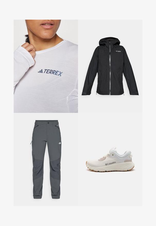 Črna vodoodporna jakna Columbia Titanium s kapuco, sprednjim zadrgo in nastavljivimi manšeti, ohlapen kroj, izolirana na beli ozadju.; Bela majica z dolgimi rokavi, ki ima moder logotip "TERREX". Tkanina je lahka in ima teksturirane mrežaste poudarke na ramah.; Temno sivi zunanji hlače z ojačanimi koleni, zadrgo na stranskih in sprednjih žepih, gumbom za zapiranje ter logotipom The North Face na stegnu.; Lahka športna obutev Columbia v beli mreži z teksturiranim sivim podplatom in gumijastim oprijemom. Ima podloženi ovratnik in vezalni dizajn.