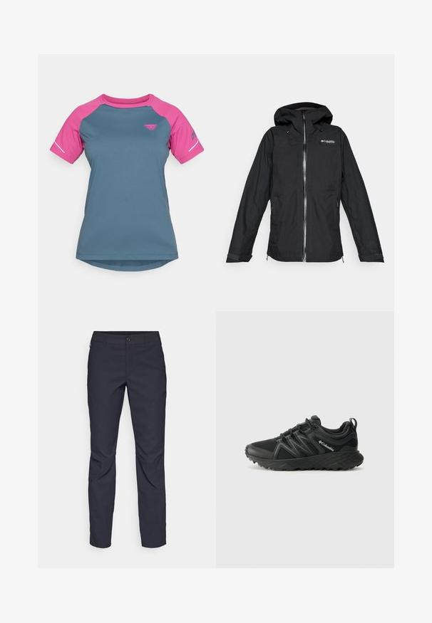 Črna vodoodporna jakna Columbia Titanium s kapuco, sprednjim zadrgo in nastavljivimi manšeti, ohlapen kroj, izolirana na beli ozadju.; Športna majica s kratkimi rokavi, ki ima teal trup in rožnate raglan rokave. Izdelana iz lahkega materiala s krožnim ovratnikom.; Mornarji modri hlače iz gladkega blaga, z zapiranjem na gumb spredaj, tesno prilegnjenim krojem in gubami na kolenih.; Columbia PEAKFREAK - Pohodniški čevlji - black
