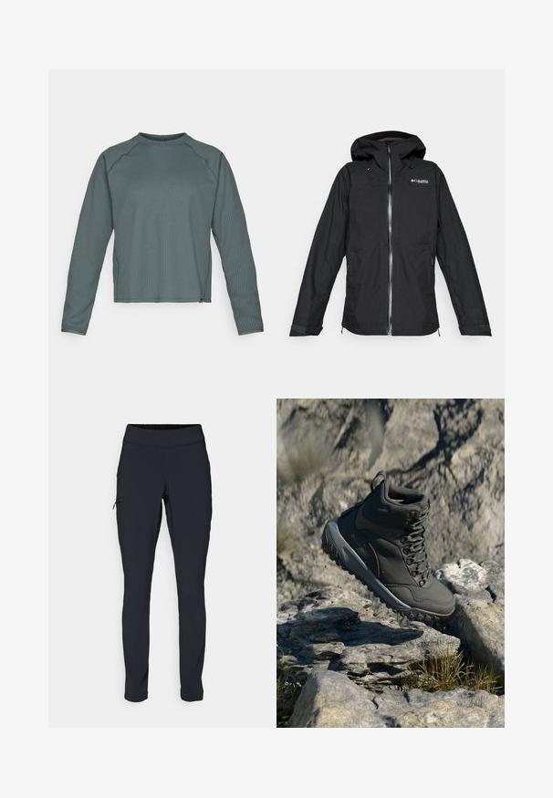 Melnā Columbia Titanium ūdensnecaurlaidīgā jaka ar kapuci, priekšējo rāvējslēdzēju un regulējamām aprocēm, brīvā piegriezumā, izolēta uz balta fona.; Ilgā piedurkne, apaļā kakla tops tumši teāla teksturētā audumā, ar ribotu rakstu un nedaudz saīsinātu apakšmalu.; Melni sporta bikses ar pieguļošu piegriezumu, elastīgu jostasvannu un sānu kabatu ar rāvējslēdzēju. Gluda, elastīga auduma struktūra ar minimālām šuvēm.; Tumši pelēki pārgājienu zābaki, kas izgatavoti no sintētiskā materiāla, ar mīkstu apkakli, metāla acsļi un teksturētu gumijas zoli labākai saķerei.