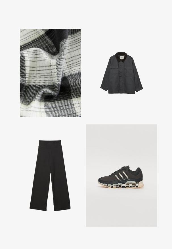 Giacca grigio scuro con colletto in corduroy marrone. Presenta due grandi tasche frontali e un dettaglio a bottone sui polsini. Texture morbida e vestibilità rilassata.; Tessuto tessuto con un motivo a quadri in bianco, nero e grigio, caratterizzato da texture varie e cadute morbide, che mostrano fibre delicate e superfici lisce.; Pantaloni neri a gamba larga con vita elastica alta, in tessuto morbido e vestibilità ampia, adatti per l'abbigliamento casual o ambienti rilassati.; Scarpa da ginnastica nera con tomaia testurizzata, tre strisce argentate e una suola ammortizzata distintiva con più sezioni integrate.