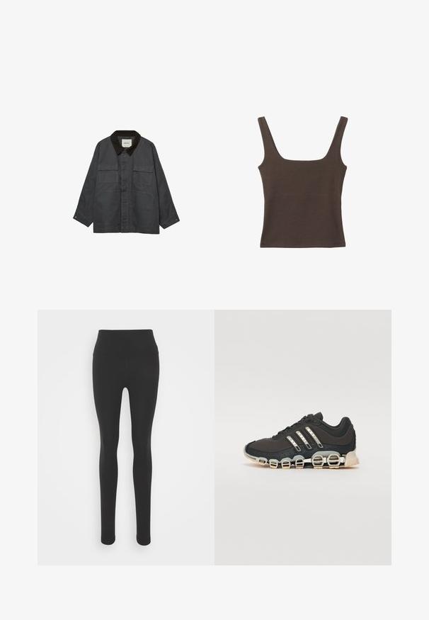Giacca grigio scuro con colletto in corduroy marrone. Presenta due grandi tasche frontali e un dettaglio a bottone sui polsini. Texture morbida e vestibilità rilassata.; Top senza maniche marrone con scollo quadrato, realizzato in tessuto morbido ed elastico. Presenta un design aderente e cuciture piatte.; Leggings neri con vita alta, realizzati in materiale liscio e elastico. Presentano un design aderente e gambe lunghe.; Scarpa da ginnastica nera con tomaia testurizzata, tre strisce argentate e una suola ammortizzata distintiva con più sezioni integrate.