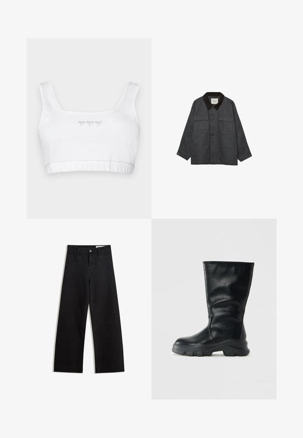 Dunkelgraue Jacke mit einem braunen Baumwollkragen. Verfügt über zwei große Fronttaschen und einen Knopfdetails an den Bündchen. Weicher Stoff, lockerer Schnitt.; Weißes Baumwoll-Crop-Top mit quadratischem Ausschnitt, versehen mit dezent grauer Bestickung "777" in der Mitte und einer glatten Textur insgesamt.; Schwarze weit geschnittene Jeans mit hoher Taille, ausgestattet mit Vorder- und Hintertaschen, gesteppten Nähten und einem Knopfverschluss. Glatte Textur.; Schwarze Lederstiefel bis zur Mitte der Wade mit dicker, gerippter Sohle und abgerundetem Zehenbereich, seitlich auf einem schlichten, hellen Hintergrund gezeigt.