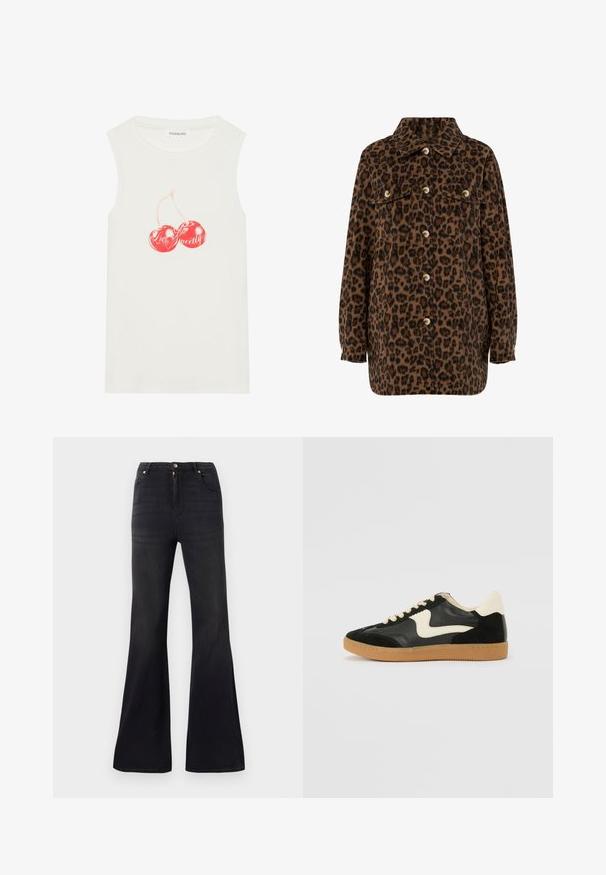 Prindi leopardimustriga särk-jakik, pruun ja must, millel on krae, nööpidega kinnitamine, kaks rinna-taskut ja pikad varrukad. Pehme tekstuur.; Valge ilma varrukateta puuvillane topp, millel on ribakujundus, sisaldab punast kirsigraafikat ja teksti "Armastus Magus".; Mustad kõrge vöökoha ja laiade jalgadega teksased, eesnupuga ja lukuga kinnitamine ning viie tasku stiil.; Must musta ja nahast sneakersid, millel on koorevärvi külgsuund ja hele koorik. Omab beeži paelu ja kummi kummist välistalla.