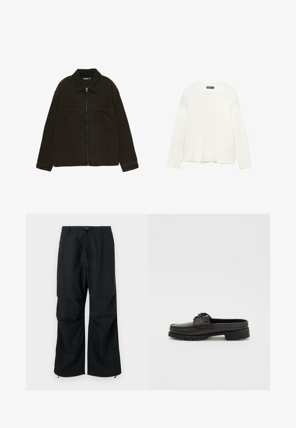 Temno rjav zadrgo jopica z širokim ovratnikom in dvema velikima sprednjima obližnima žepoma, prikazana na preprostem belem ozadju.; Bela pulover iz mehkega, teksturiranega materiala. Ima krožni izrez in dolge rokave. Ravn kot rob z sproščenim krojem.; Črne široke hlače z vrvico v pasu in elastičnimi robovi. Narejene iz lahkotne, teksturirane tkanine. Preprost dizajn.; Črne usnjene čevlje brez vezalk z detajli vezalke, zaobljenim prstom in teksturiranim podplatom. Imajo rahlo dvignjen peto in gladko površino.