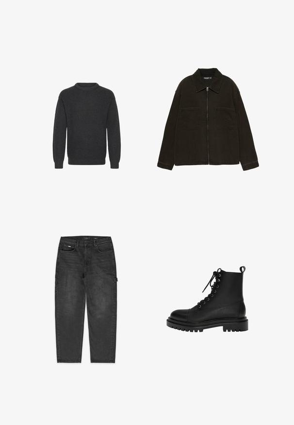 Dunkelbraune Zip-Jacke mit breitem Kragen und zwei großen aufgesetzten Taschen auf der Vorderseite, auf einem schlichten weißen Hintergrund präsentiert.; Dunkelgrauer, gerippter Strickpullover mit Rundhalsausschnitt, langen Ärmeln und lockerer Passform, der eine strukturierte Oberfläche aufweist.; Schwarze Denim-Cargohosen mit entspannter Passform, sichtbaren Nähten, Vorder- und Seitentaschen sowie einer Schlaufe am Oberschenkel für nützliche Anwendungen.; Schwarze Lederstiefeletten mit einer runden Zehenpartie, Schnürung vorne, Metallösen und einer klobigen, strukturierten Gummisohle.
