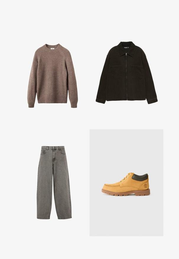 Dunkelbraune Zip-Jacke mit breitem Kragen und zwei großen aufgesetzten Taschen auf der Vorderseite, auf einem schlichten weißen Hintergrund präsentiert.; Brauner Strickpullover mit Rundhalsausschnitt, gerippten Bündchen und Saum. Hat ein strukturiertes Muster und nahtlose Raglanärmel.; Graue Jeanshose mit hoher Taille, weitem Bein, klassischem Fünf-Taschen-Design und Knopfverschluss vorne. Leicht strukturierte Oberfläche.; Gelbes Leder-Schuhwerk mit brauner Gummisohle, runder Zehenpartie und grünem Lederdetail am Knöchel. Verfügt über goldene Ösen und Nähakzente.