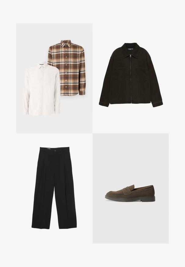 Temno rjav zadrgo jopica z širokim ovratnikom in dvema velikima sprednjima obližnima žepoma, prikazana na preprostem belem ozadju.; Jack & Jones JPRBLUNORRIS 2 PACK - Srajca - cloud dancer/brown; Črne široke hlače iz gladkega blaga, z ravnim pasom, sprednjimi povešalnimi pregibi in enim gumbom za zapiranje.; Rjavi semenski loafers s zaobljenim nosom, trak iz čez zgornji del in ravnim gumijastim podplatom. Enostavna oblika z čistimi linijami in minimalnim okrasjem.