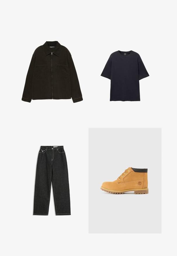 Sötétbarna cipzáras dzseki széles gallérral és két nagy elülső zsebbe rejtett zsebbel, egy sima fehér háttér előtt kiállítva.; PULL&BEAR SHORT SLEEVE TEXTURED WEAVE - Basic póló - dark blue; Fekete, egyenes szárú farmernadrág fehér varrással, öt zsebes kialakítással, gombbal és cipzárral záródik, valamint egy kis logó található a jobb elülső zseben.; Barna bőr, félmagas szárú csizmák, kerek orral, barna díszítéssel, sárga fém szemekkel és strapabíró talppal. Timberland logó belefúrva az oldalon.
