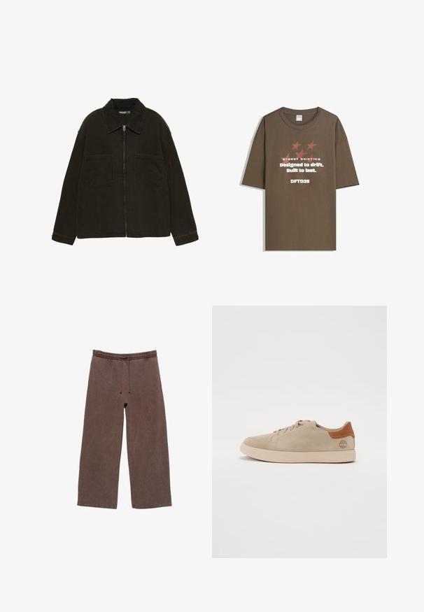 Ciemnobrązowa kurtka zapinana na zamek błyskawiczny z szerokim kołnierzem i dwiema dużymi kieszeniami na przodzie, wyeksponowana na jednolitym białym tle.; Brązowy bawełniany T-shirt z krótkim rękawem, z graficznym tekstem i gwiazdkami w kontrastowych kolorach. Prosty krój z okrągłym dekoltem.; Brązowe bawełniane dresy z elastycznym pasem, regulowanym sznurkiem, szerokimi nogawkami i minimalnymi detalami przeszycia.; Beżowe zamszowe trampki z przeszywanym wzorem, jasnoniebieska gumowa podeszwa oraz brązowe skórzane akcenty na pięcie i logo.