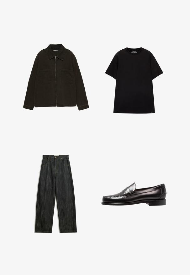 Donkerbruine ritsjack met brede kraag en twee grote voorzakken, tentoongesteld op een effen witte achtergrond.; PULL&BEAR JOIN LIFE - T-shirt basic - black; Donkerdenim jeans met een losse pasvorm, voorzien van subtiele verticale textuur, gele stiksels, vijf zakken en een klassieke knoopsluiting.; Zwarte leren penny loafer met een lage hak, gladde oppervlakte en decoratieve stikdetails op de neus. Klassiek instapontwerp.