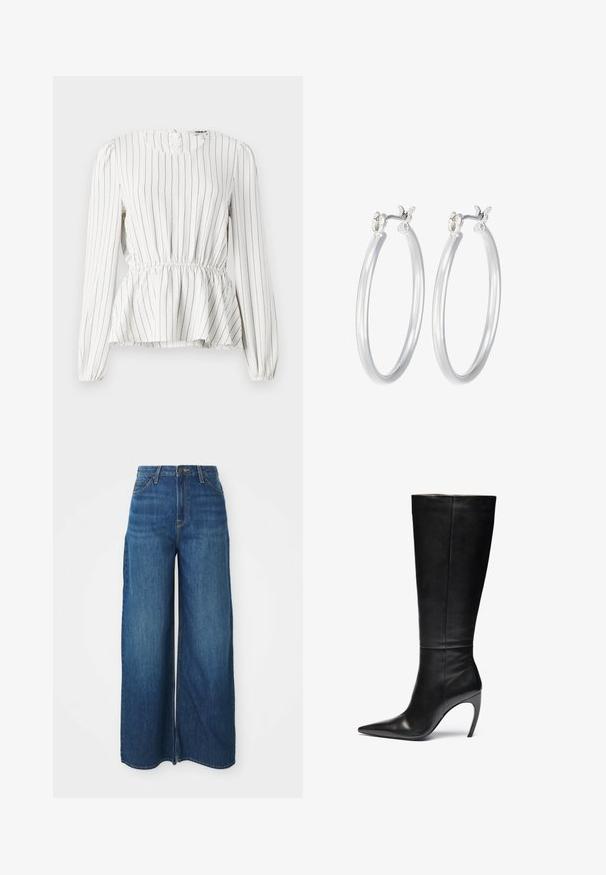 Lång kamelbrun ullrock med breda slag och ett matchande tygbälte knutet i midjan, fickor på sidan och helängdsärmar.; Vit långärmad blus med vertikala svarta ränder, samlad midja, rund halsringning och elastiska ärmslut. Lättviktig tyg med mjuk textur.; Höga byxor med vida ben i blå denim, med framfickor, bältesöggor, knappstängning och synlig sömnad på vit bakgrund.; Svart läder knähöga stövlar med spetsig tå och hög stilettklack; slät, jämn textur med subtila sömmar och utan synlig hårdvara.; Silverfärgade hoopörhängen med en slät, polerad yta. Rund form och säker klickstängning. Lättviktig design som passar för vardagligt bruk.
